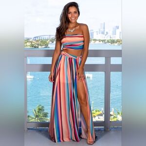 Saved By The Dress Multicolored Rainbow Striped Two Piece Maxi Skirt Set Size S
